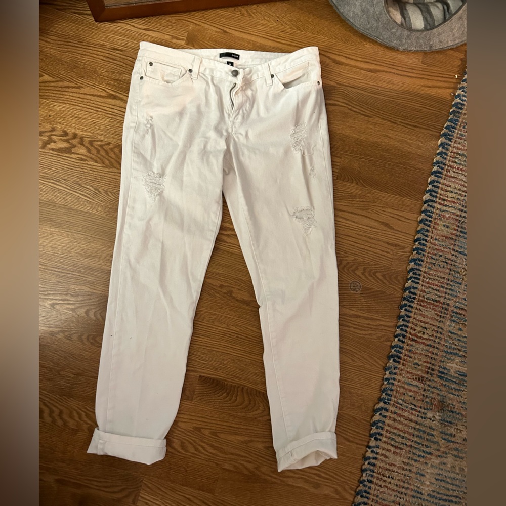 White denim straight leg jeans distressed
